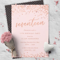 Rose Gold 17th Birthday Invitation | Faux Foil