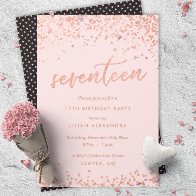 Rose Gold 17th Birthday Invitation | Faux Foil (Créateur téléchargé)