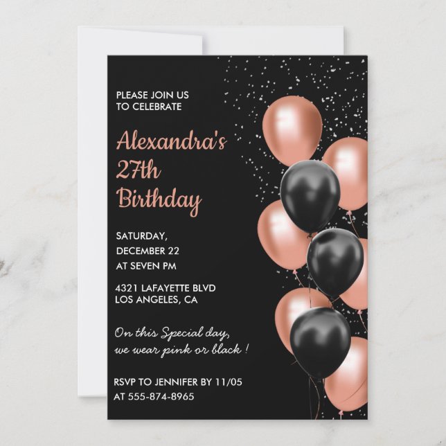 Rose gold 27th birthday invitation Balloon Black (Devant)