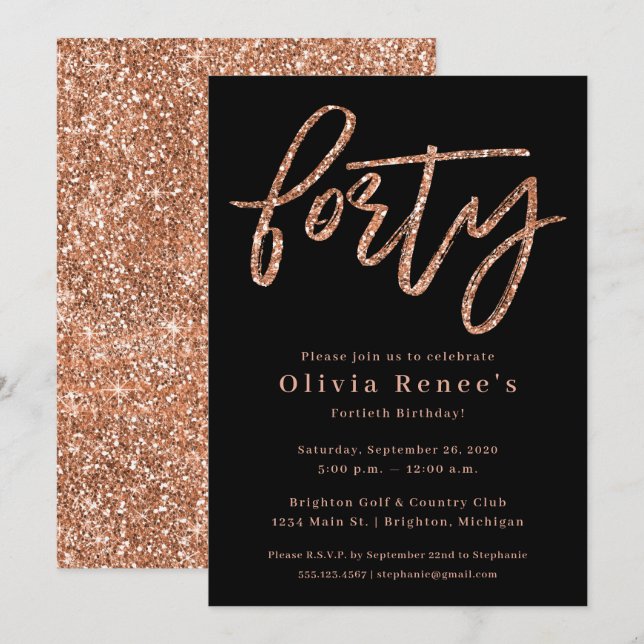 Rose Gold 40th Birthday Invitation Modèle (Devant / Derrière)