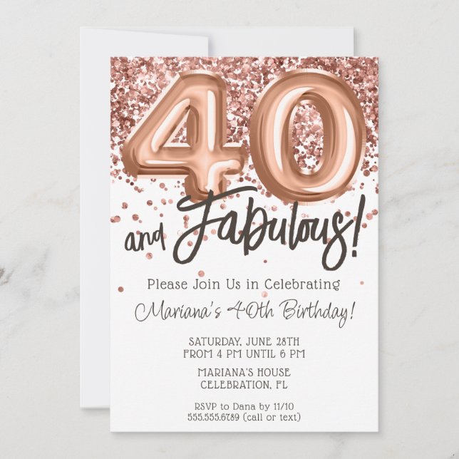 Rose Gold 40th Birthday Party Invitation (Devant)