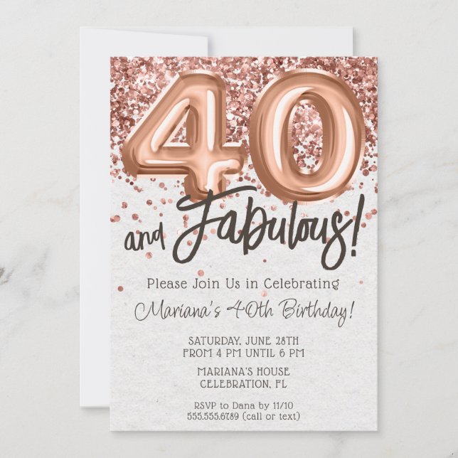 Rose Gold 40th Birthday Party Invitation (Devant)