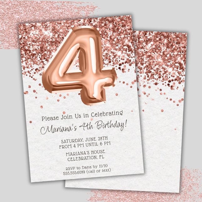 Rose Gold 4th Birthday Party Invitation (Créateur téléchargé)