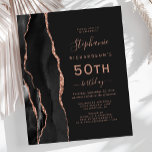 Rose Gold Agate Noir Budget 50e Anniversaire<br><div class="desc">Le bord gauche de cette élégante invitation moderne pour un 50e anniversaire présente une bordure d'agate à l'aquarelle noire rehaussée de faux strass en rose gold. Le texte personnalisable combine une écriture manuscrite couleur rose, des polices copperplate et italiques sur un fond noir ardoise. Le verso présente un motif assorti...</div>
