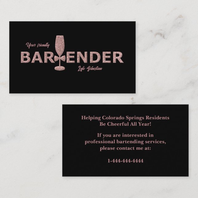 Rose Gold & Black Event Bartender Carte de visite (Devant / Derrière)