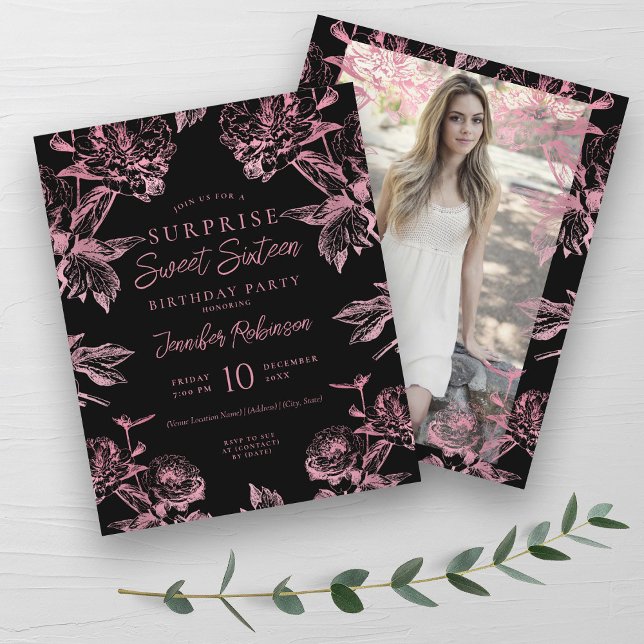 Rose Gold Black Floral SURPRISE Sweet 16 Invitatio (Rose Gold Black Floral SURPRISE Sweet 16 Invite)