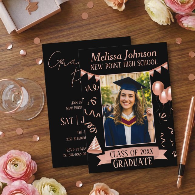 Rose Gold & Black Grad Party Photo Invitation (Créateur téléchargé)