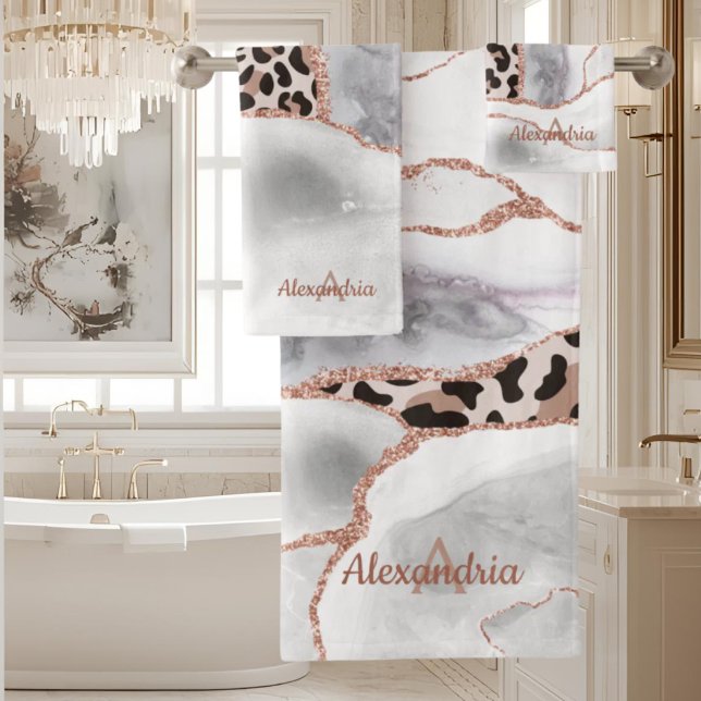 Rose Gold Blanc Luxe Imprimé Léopard Agate (Créateur téléchargé)