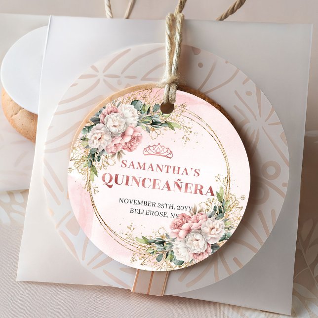 Rose Gold Blush Floral Greenery Étiquette pour Swe (Rose Gold Blush Floral Greenery Tag for Sweet Fifteen)