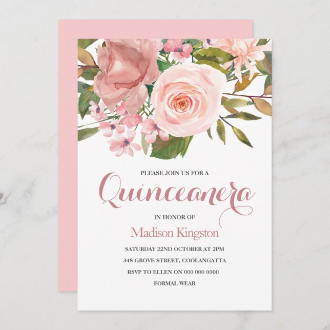 Rose Gold & Blush Flowers Quinceanera Invitation d (Devant / Derrière)