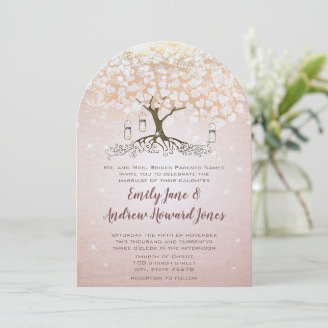Rose Gold Blush Pink Heart Tree Wedding Invitation (Debout devant)