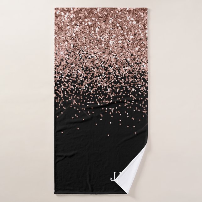 Rose Gold Blush Rose Noir Paillettes Monogramme Fé (Serviette de bain)