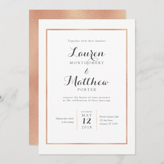 Rose Gold Border Faire-part de mariage moderne (Devant / Derrière)