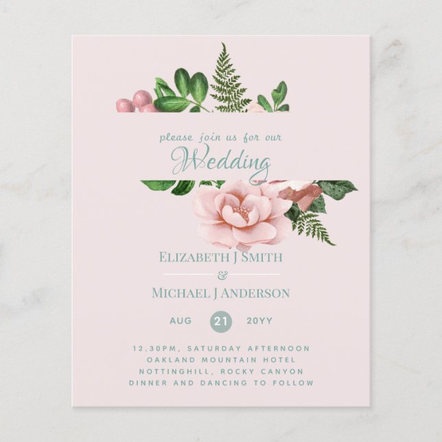 Rose Gold Botanical Floral Budget Mariage Invite (Devant)