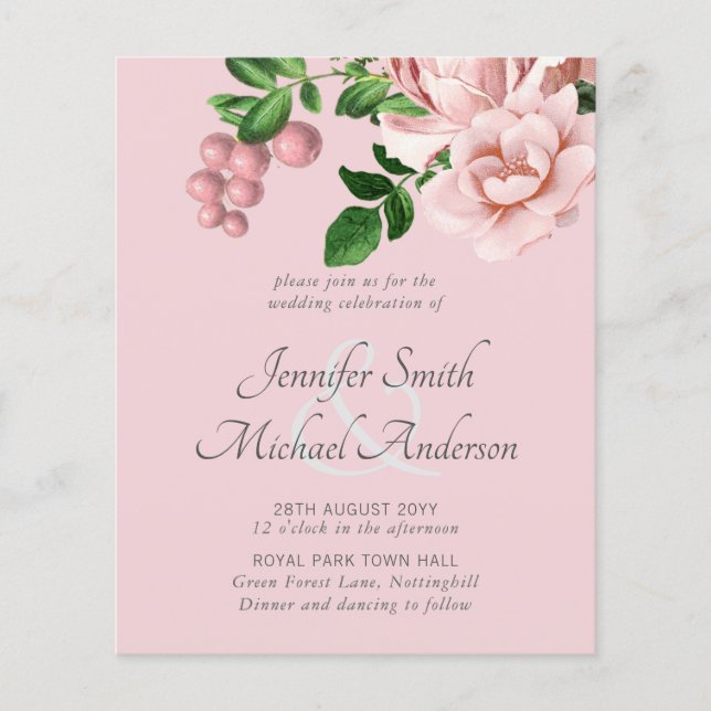 Rose Gold Botanical Floral Budget Mariage Invite (Devant)