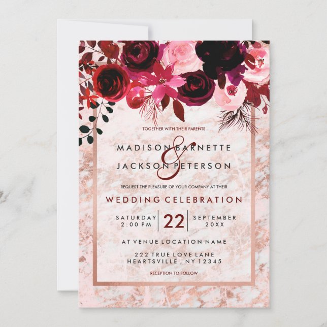 Rose Gold & Bourgogne Floral Wedding Invitations (Devant)
