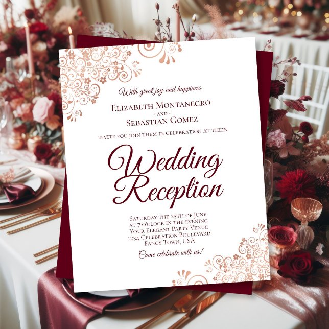 Rose Gold Bourgogne Mariage Réception BUDGET Invit (Front - Burgundy text with rose gold accents, Back - solid burgundy)