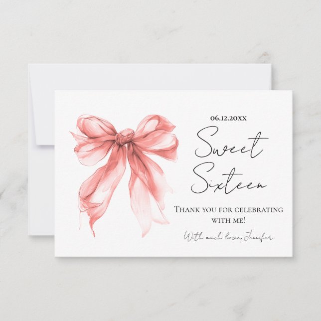 Rose Gold Bow Coquette Script Merci Sweet 16  (Devant)