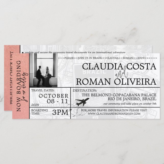 Rose Gold Brésil Mariage Boarding Pass Invitation (Devant / Derrière)