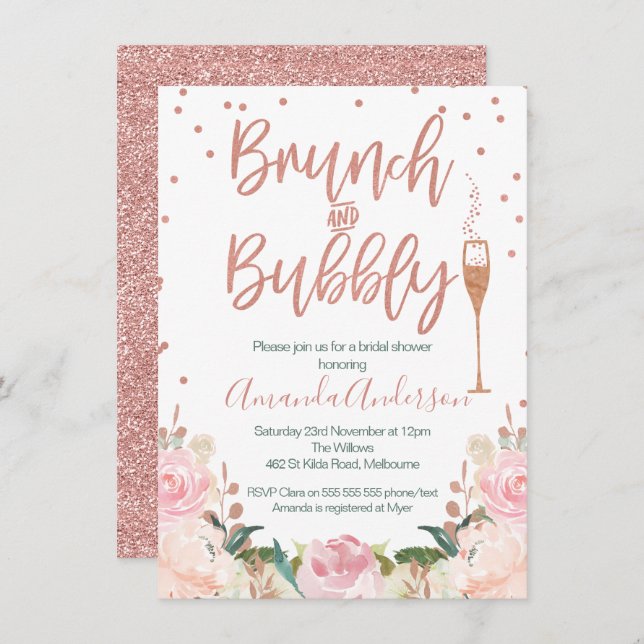 Rose Gold Brunch Bubbly Invitations de douche nupt (Devant / Derrière)