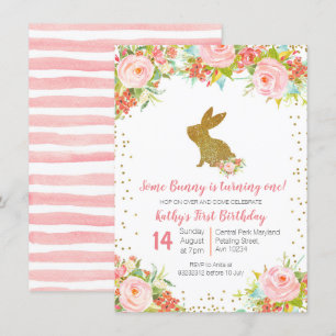 Rose Gold Bunny 1er Anniversaire Floral Invitation