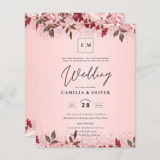 Rose Gold Burgundy Rose Floral Mariage Invite (Devant / Derrière)