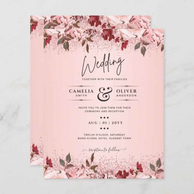 Rose Gold Burgundy Rose Floral Mariage Invite (Devant / Derrière)