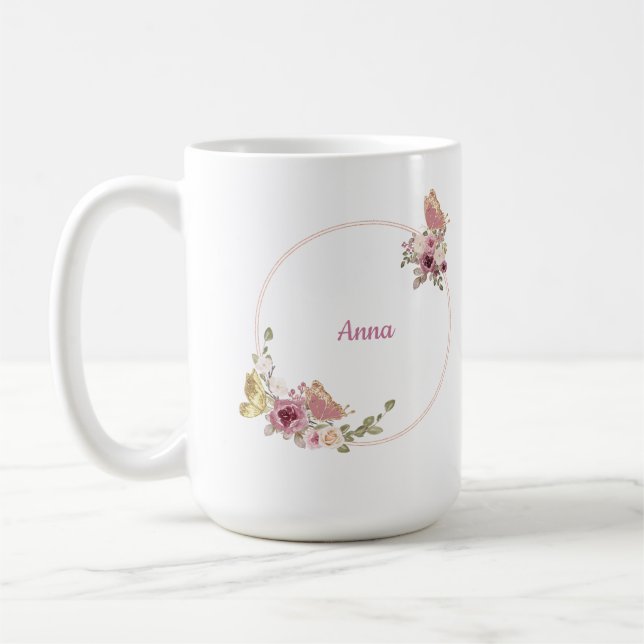 Rose Gold Butterfly Floral Latte Mug – Custom Name (Gauche)