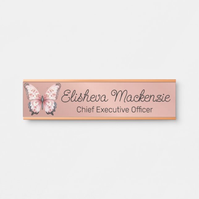 Rose Gold Butterfly Office Porte Signer Nom Plaque (Devant)