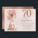Rose Gold Cake 70th Birthday Invitation<br><div class="desc">Cette magnifique invitation de fête de 70ème anniversaire avec un gâteau de parties scintillant en or rose 2 couches avec ballons en or rose, le numéro 70 en or rose et confetti en or rose brillant sur le broussaillement serait parfait pour célébrer votre femme, maman, soeur, ami, grand-mère. Traditionnel et...</div>