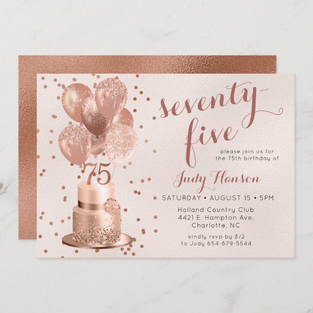 Rose Gold Cake 75th Birthday Invitation (Devant / Derrière)