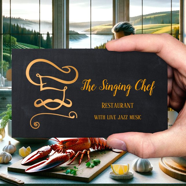 Rose Gold Chalkboard Restaurant Carte de visite (Business card featuring an elegant rose gold stylized chef design on a black chalkboard - restaurant)