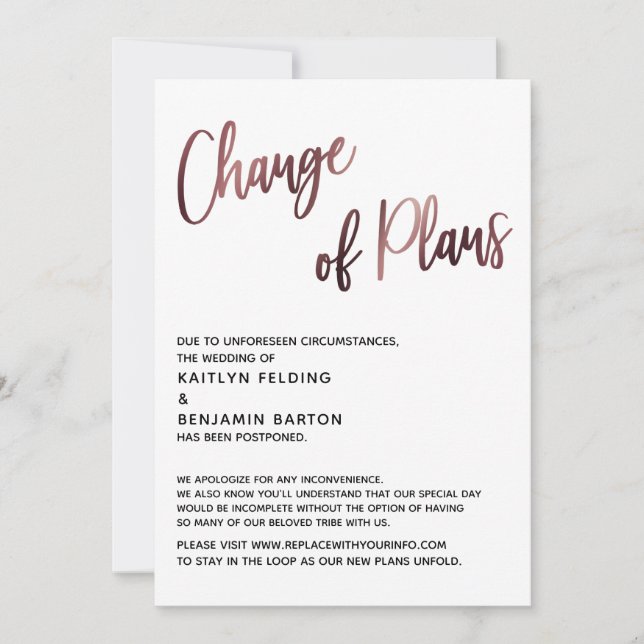 Rose Gold Changement de régime Carte Mariage repor (Devant)