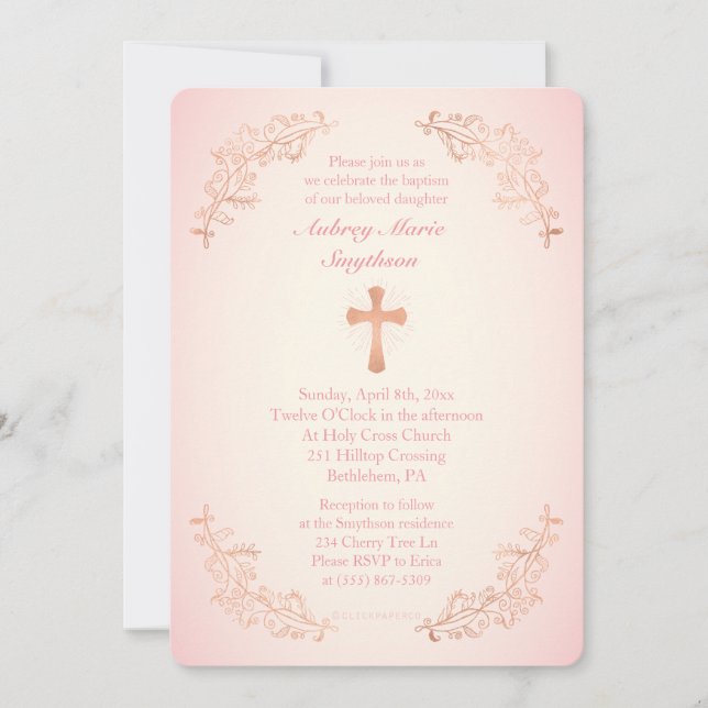 Rose Gold Cross Pink Baptism Photo Invitation (Devant)