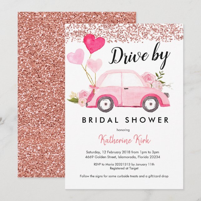 Rose Gold Drive by Bridal Shower Invitation (Devant / Derrière)