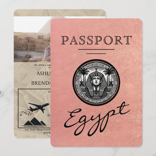 Rose Gold Egypt Passport Wedding Invitation (Devant / Derrière)