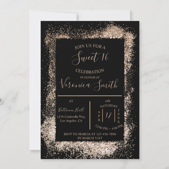 Rose Gold et Black Sweet 16 Invitation (Devant)
