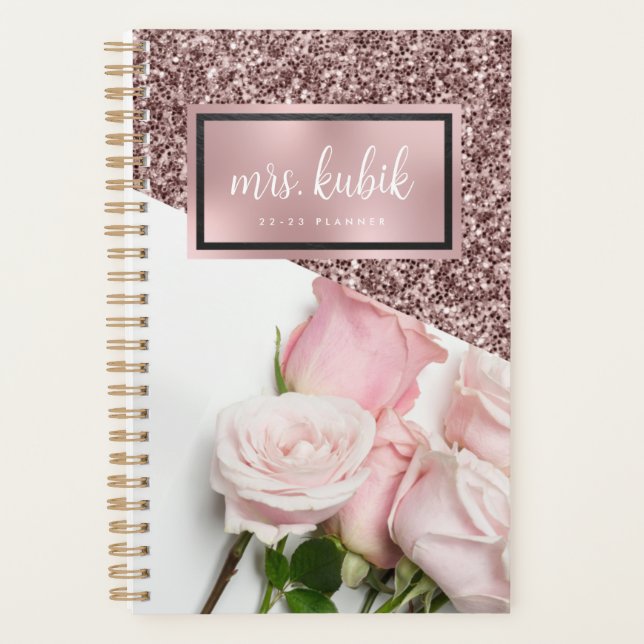 Rose Gold et rose Fleurs Enseignant Planificateur (Devant)
