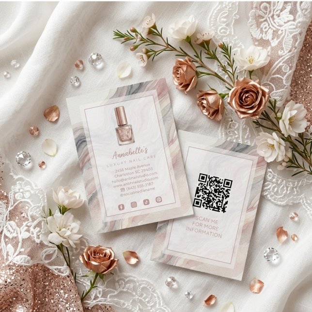 Rose Gold Exquise Glam Nails Carte de Visite TMF26 (Exquisite Rose Gold Glam Blush Watercolor Effect Business Card with QR Code and Social Media Icons.)