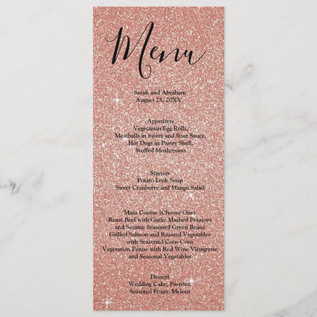 Rose Gold Faux Parties scintillant Mariage Menu Me (Devant)