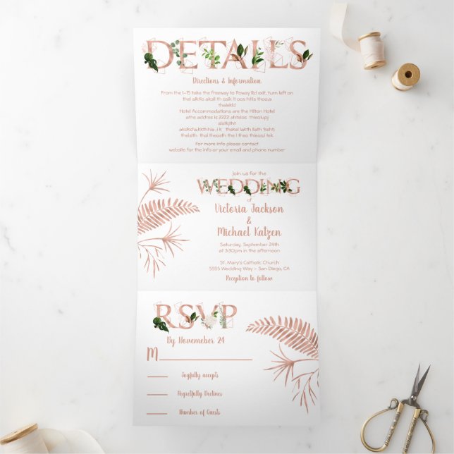 Rose Gold Ferns Mariage Tri-fold Invitation (Intérieur)