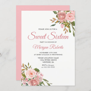 Rose Gold & Fleurs roses Douce Invitation 16 Parti