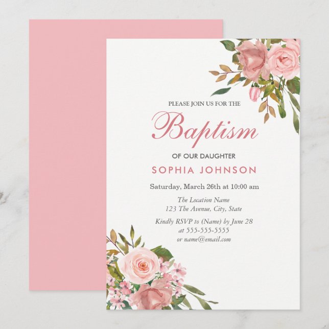 Rose Gold & Fleurs roses Filles Baptême Invitation (Devant / Derrière)