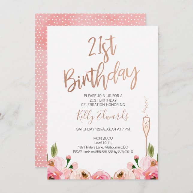 Rose Gold Floral 21e anniversaire invitation (Devant / Derrière)