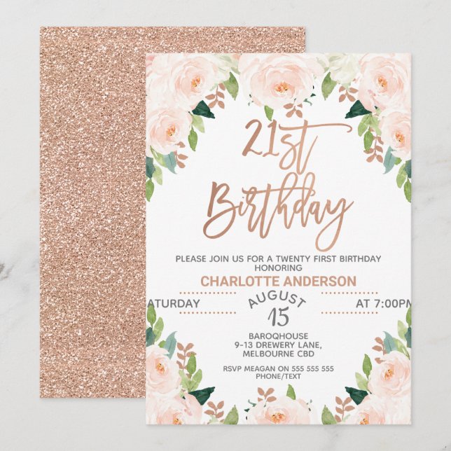 Rose Gold Floral 21ème anniversaire Invitation (Devant / Derrière)