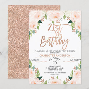 Rose Gold Floral 21ème anniversaire Invitation