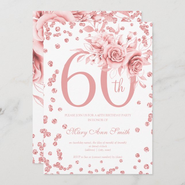 Rose Gold Floral 60e Anniversaire Fête Invitation (Devant / Derrière)
