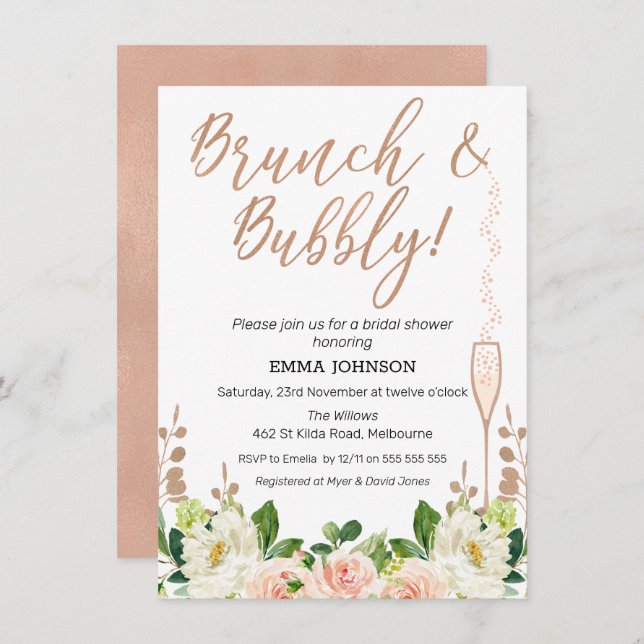 Rose Gold Floral Brunch Invitation à la douche nup (Devant / Derrière)