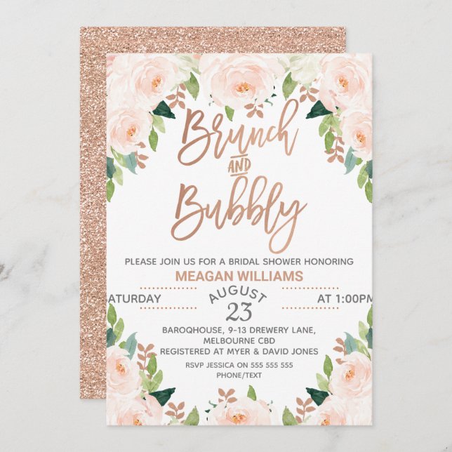 Rose Gold Floral Brunch Invitation de la mariée (Devant / Derrière)
