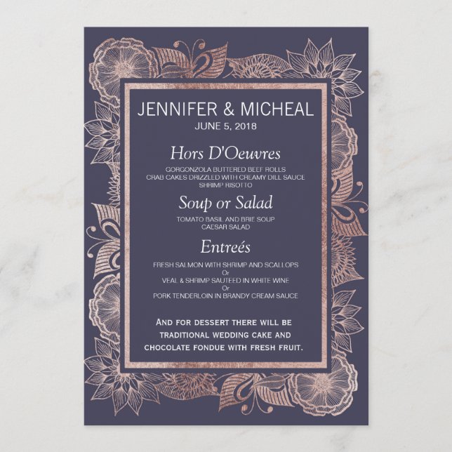 Rose Gold Floral et Marine Blue Mariage Menu (Devant)